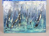 painting of a blue and white landscape with trees in the foreground
