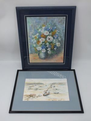 tableau représentant un vase de fleurs posé sur une table, avec l'image d'une mouette