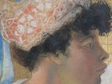 painting of a woman wearing a hat and a white shirt