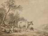 a drawing of a cow and sheep in a field