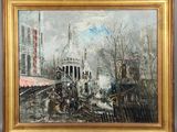une peinture à l'huile représentant une scène de rue en ville, avec une église en arrière-plan