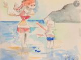 tableau représentant une femme et un enfant sur une plage, avec un voilier en arrière-plan