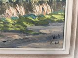 an oil painting of a landscape with a river and mountains in the background