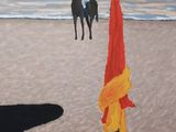 a painting of a man riding a horse on the beach
