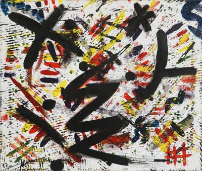 une peinture abstraite réalisée à la peinture noire et rouge sur fond blanc