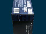 a blue box that has a black label on it