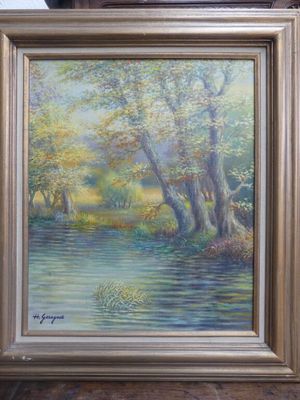une peinture d'une rivière avec des arbres en arrière-plan