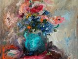 une peinture à l'huile représentant un vase de fleurs sur une table