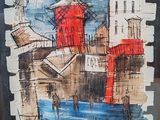 tableau représentant un moulin à vent et un bâtiment rouge, vu depuis une fenêtre