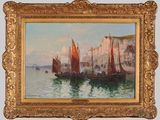 une peinture à l'huile représentant des bateaux sur l'eau près d'une falaise