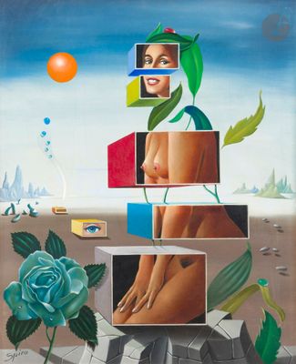 une image représentant un tableau où l'on voit une femme assise au sommet d'une pile de cubes