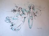 dessin représentant un homme et une femme sur un skateboard, peint sur un mur