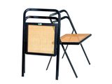 a black chair with a rattan back and a wooden seat