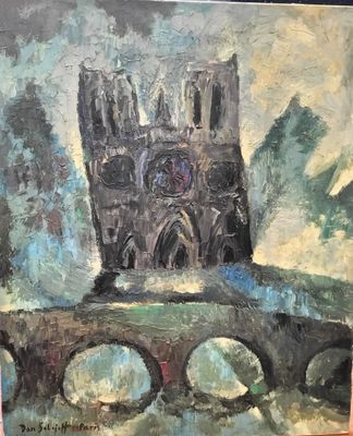 an oil painting of a painting of a cathedral on a bridge