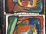 two paintings of a man and a woman that are on a easel