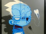 painting of a blue robot with a toothbrush and toothpaste