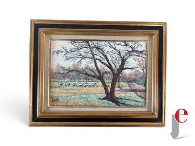 une image représentant un tableau d'un arbre avec une volée d'oiseaux en arrière-plan