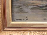 a picture of a painting of a man and a dog on the beach