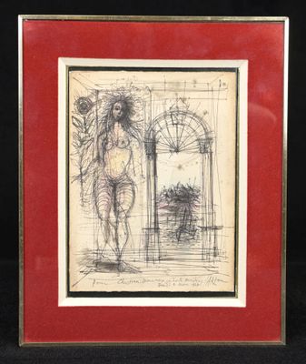 drawing of a man standing in front of a doorway with a dog