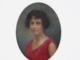 painting of a woman in a red dress in a circle