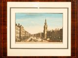 painting of a view of a city street with a clock tower in the background