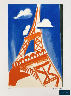 painting of the eiffel tower against a blue sky with clouds