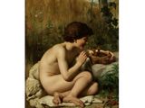 tableau représentant une femme nue assise par terre en train de manger un morceau de pain