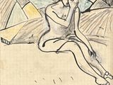 dessin représentant une femme assise sur une plage avec un parasol