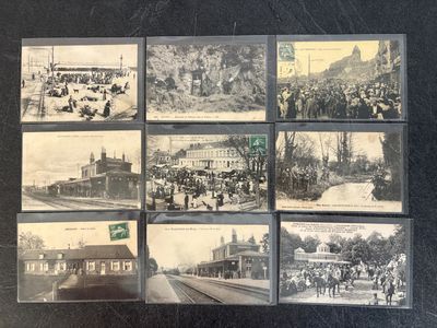 several old black and white photos of people on a train track