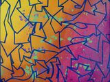 peinture abstraite représentant des formes orange, bleues et vertes sur un fond rouge