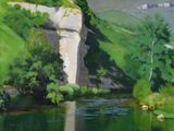 un tableau représentant une rivière avec une montagne en arrière-plan