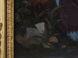 a painting of a blue teddy bear sitting on a bench