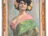 painting of a woman in a green and pink dress with flowers in her hair
