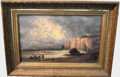 une image représentant un tableau montrant des personnes sur une plage près d'une falaise