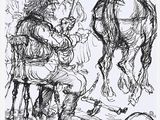 an image of a drawing of a man on a horse and a man on a horse