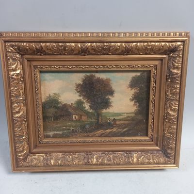 un tableau représentant une scène de vie à la ferme avec une calèche tirée par un cheval