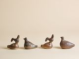 trois petits oiseaux sont alignés sur une surface blanche