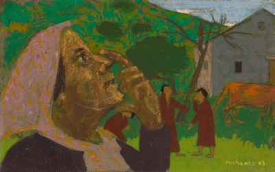 une image représentant un tableau d'une vieille femme dans un champ