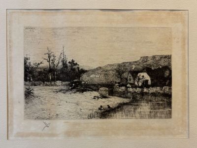 a black and white drawing of a river with a house in the background
