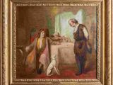 une peinture à l'huile représentant un homme et une femme dans une salle à manger, en compagnie d'un chien