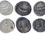 six ancient roman coins from the time of the roman empire