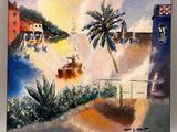 peinture représentant un tableau d'un bateau sur l'eau près d'un palmier