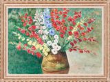 une peinture de fleurs dans un vase sur une table