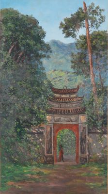 une peinture à l'huile représentant un portail au milieu d'une forêt