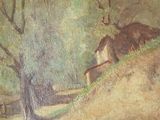 une peinture à l'huile représentant une maison sur une colline, avec un arbre au premier plan