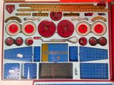 a picture of a red and blue tool box with various tools