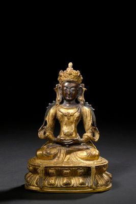 bronze figure of a seated buddha on a pedestal