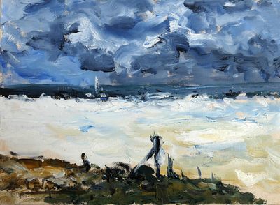 un tableau représentant un homme marchant sur la plage