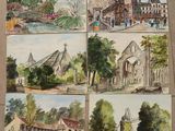 quatre aquarelles représentant des bâtiments et une fontaine au milieu d'un parc