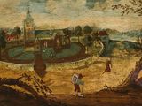 une image représentant un tableau de paysage avec une fontaine au premier plan